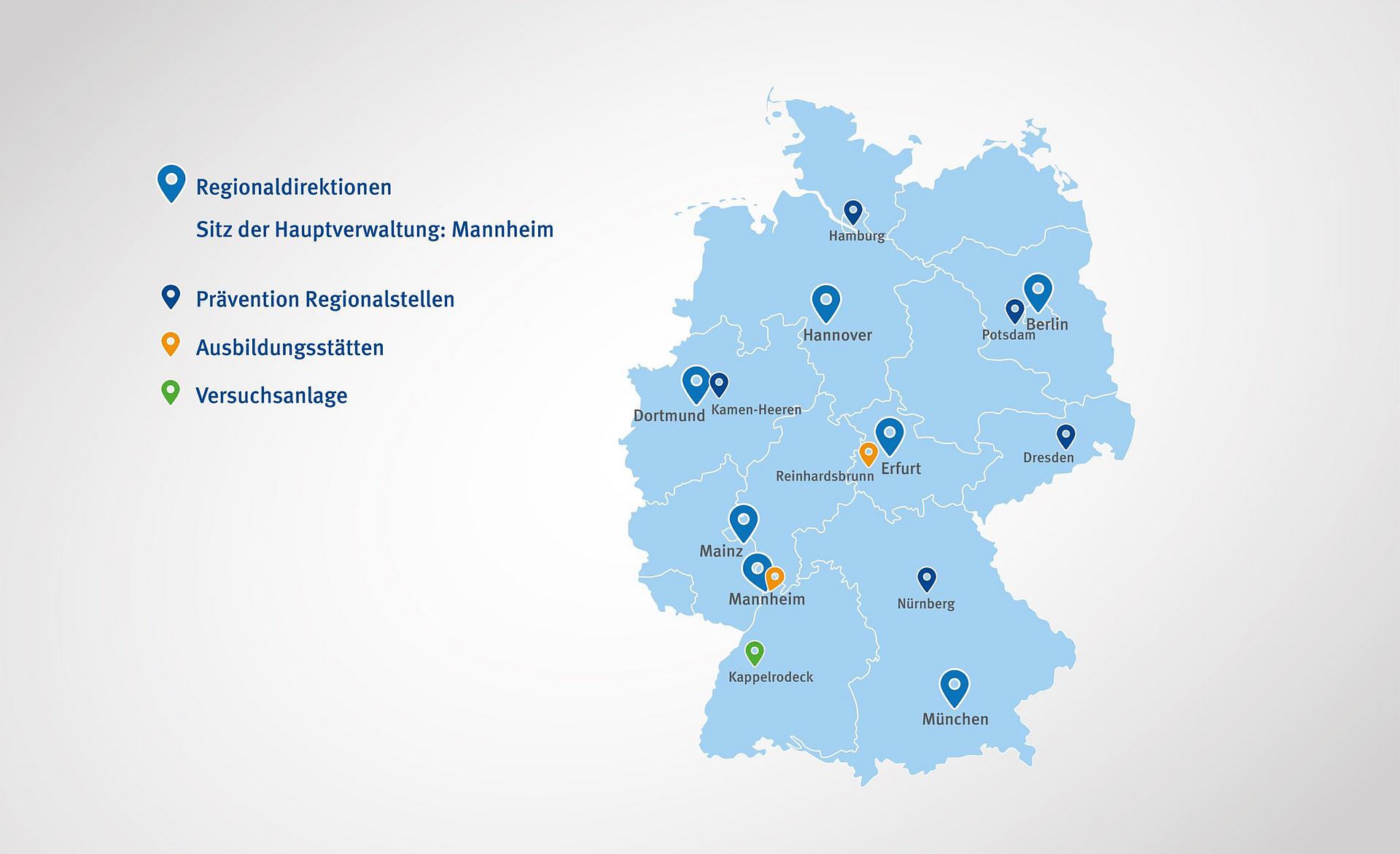 Karte der BGN-Regionaldirektionen, Prävention Regionalstellen, Ausbildungsstätten und Versuchsanlagen