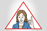 Illustration das Portrait einer Frau mit erhobenem Zeigefinger in einem roten Warndreieck.